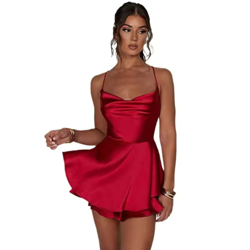 Sexy backless satin strap short dress in solid color summer elegant sweet