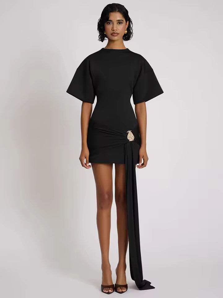 Women's Fashion Sexy Ruffle Short Sleeve Elegant Metal Decoration Round Neck High Waist Club Style New