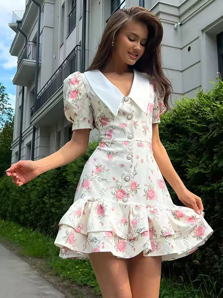 New fashion sexy printed V-neck flared sleeve A-line pleated high waist short dress for ladies to attend summer evening party