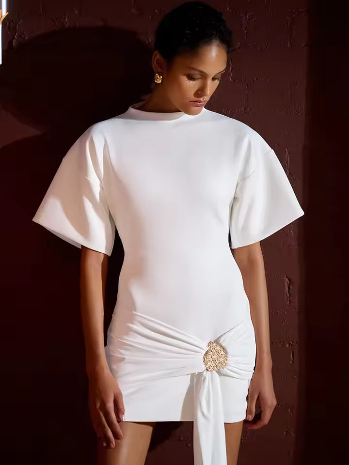 Women's Fashion Sexy Ruffle Short Sleeve Elegant Metal Decoration Round Neck High Waist Club Style New